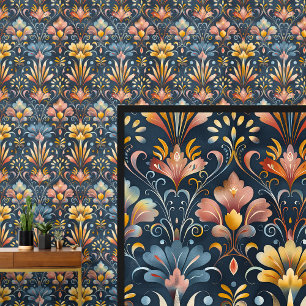 Dark Blue Gold Orange Art Nouveau Wallpaper