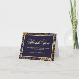 Dark Blue Gold Pattern 100th Birthday Thank You Card