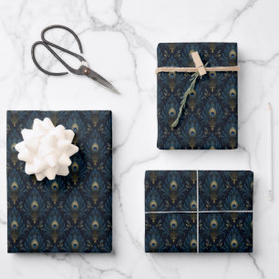 Dark Blue & Gold Peacock Feather Motifs Wrapping Paper Sheet