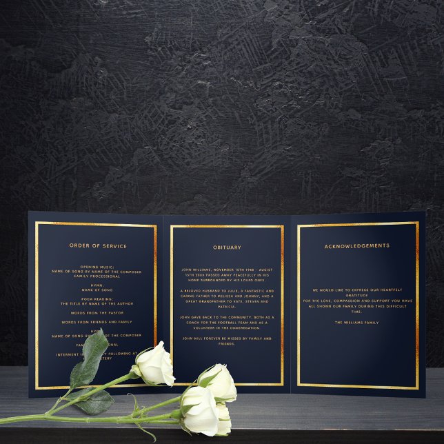 Dark blue gold photo tri-fold funeral program announcement (Creator Uploaded)