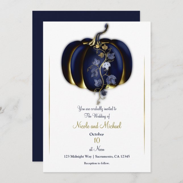 Dark Blue & Gold Pumpkin Storybook Fall Wedding Invitation (Front/Back)