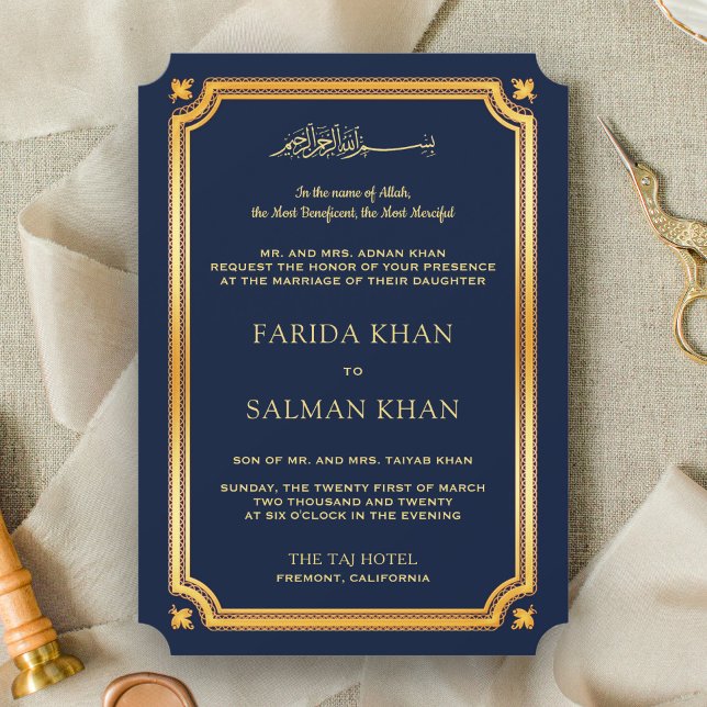 Dark Blue Gold Traditional Islamic Muslim Wedding Invitation (Creator Uploaded)