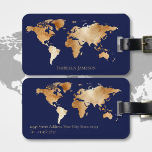 Dark Blue & Gold Watercolor World Map Personalised Luggage Tag