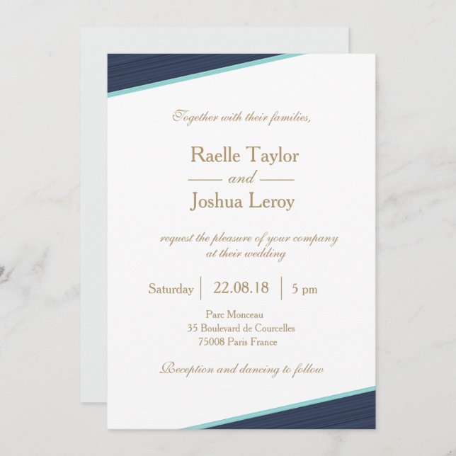 Dark blue gold white grey subtle stripes wedding invitation (Front/Back)