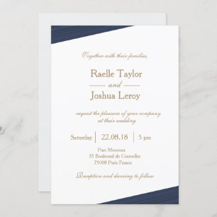 Dark blue gold white grey subtle stripes wedding invitation