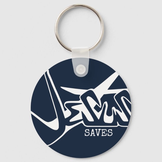 Dark Blue Graffiti Jesus Saves Key Ring (Front)