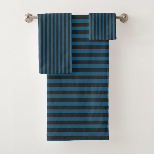 dark blue gray and light navy blue stripes bath towel set (Insitu)