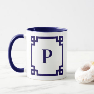 Dark Blue Greek Key Border Monogram Mug