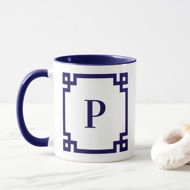 Dark Blue Greek Key Border Monogram Mug (With Donut)