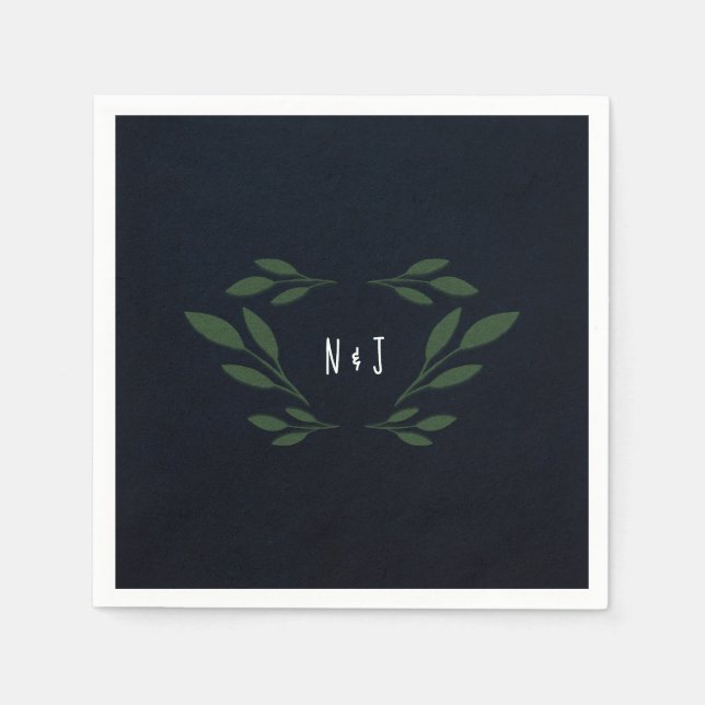 Dark Blue & Green Leaves Greenery Rustic Wedding Napkin (Front)