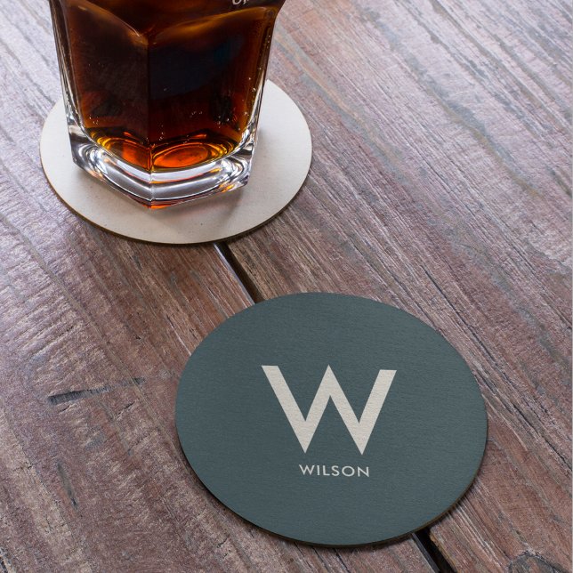 Dark Blue Green Monogram Personal Party Round Paper Coaster (Creator Uploaded)
