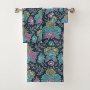 Dark Blue, Green & Purple Floral Bath Towel Set