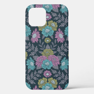 Dark Blue, Green & Purple Floral iPhone 12 Case