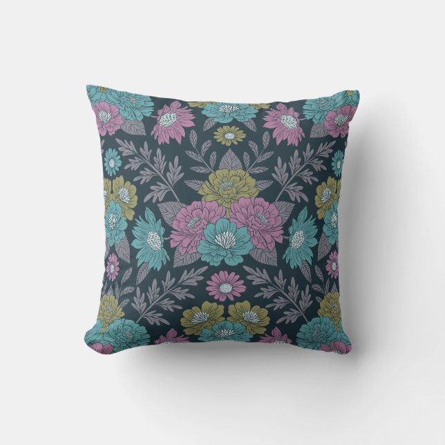 Dark Blue, Green & Purple Floral Cushion (Front)