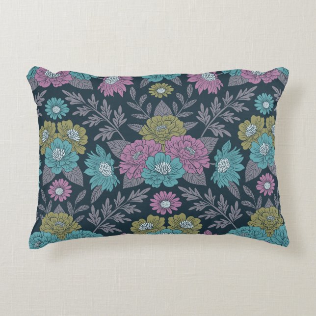 Dark Blue, Green & Purple Floral Decorative Cushion (Front)