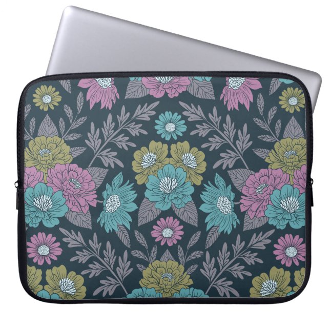 Dark Blue, Green & Purple Floral Laptop Sleeve (Front)