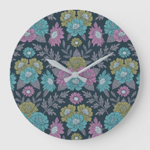 Dark Blue, Green & Purple Floral Large Clock