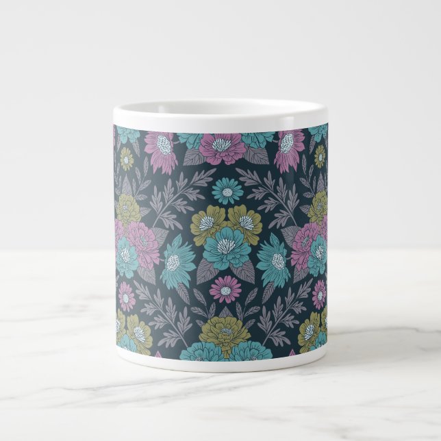 Dark Blue, Green & Purple Floral Large Coffee Mug (Front)