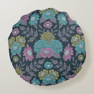 Dark Blue, Green & Purple Floral Round Cushion