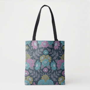 Dark Blue, Green & Purple Floral Tote Bag