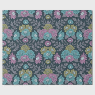 Dark Blue, Green & Purple Floral Wrapping Paper