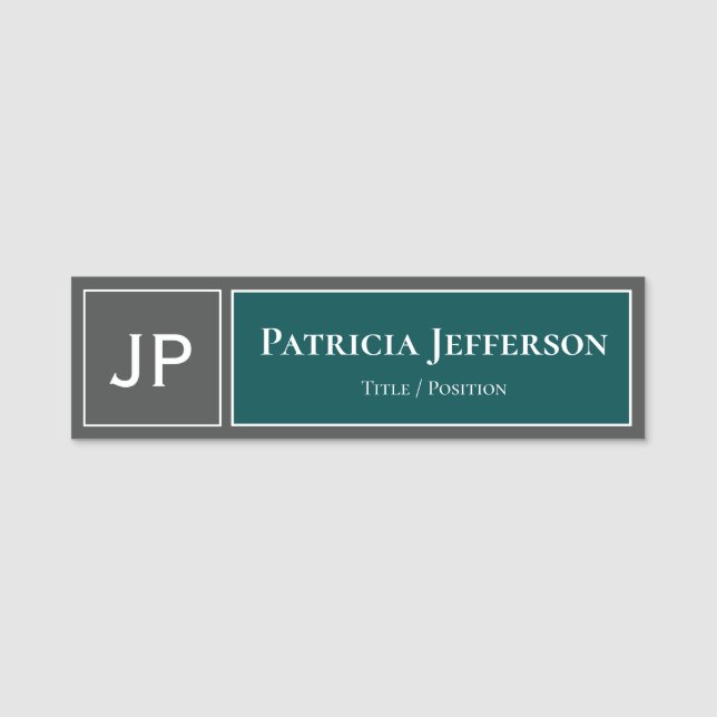 Dark Blue Green Teal Grey Monogram Name Tag (Front)