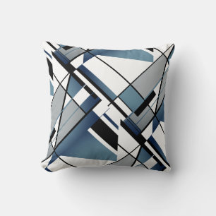 Dark Blue Grey Black White Abstract Angular Design Cushion