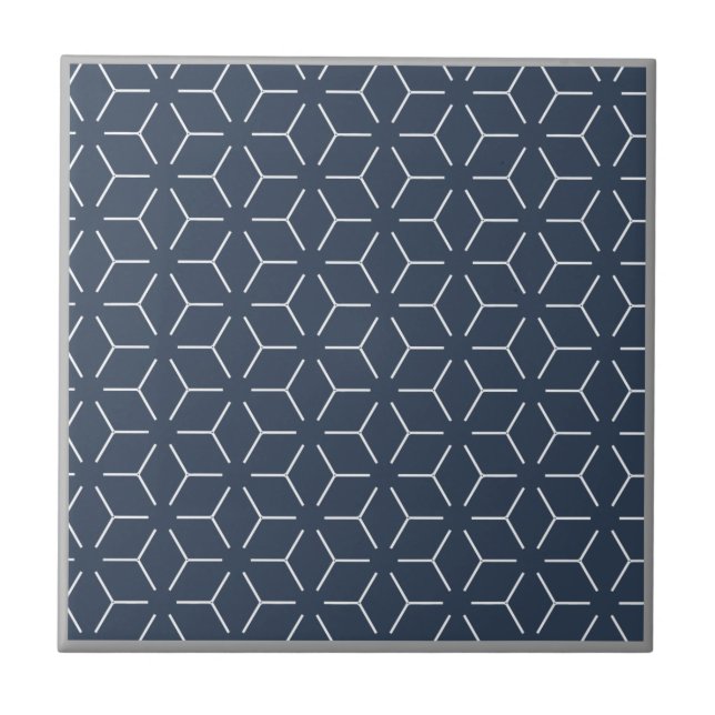 Dark Blue Grey Border White Geometric Pattern Tile (Front)