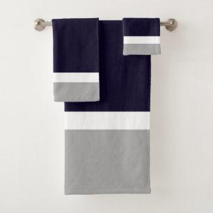 Dark Blue Grey Colour Blocked Plush Bath Towel Set
