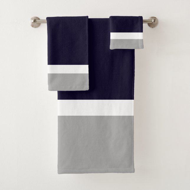 Dark Blue Grey Colour Blocked Plush Bath Towel Set (Insitu)