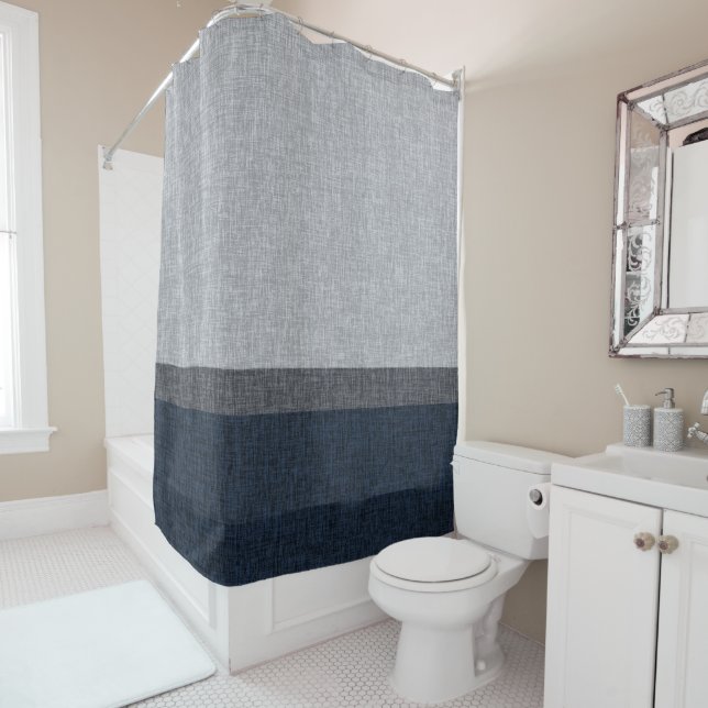 Dark Blue Grey Crosshatch Stripe Man Cave Shower Curtain (In Situ)