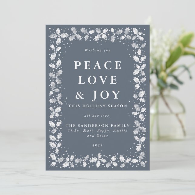 Dark Blue Grey Printed Holly Leaves Flat Non Photo Holiday Card (Standing Front)