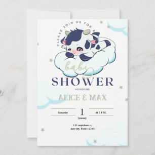 Dark Blue Grey Sleepy Cow White Cloud Baby Shower  Invitation