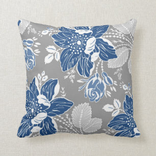 Dark Blue Grey White Floral Decorative Pillow