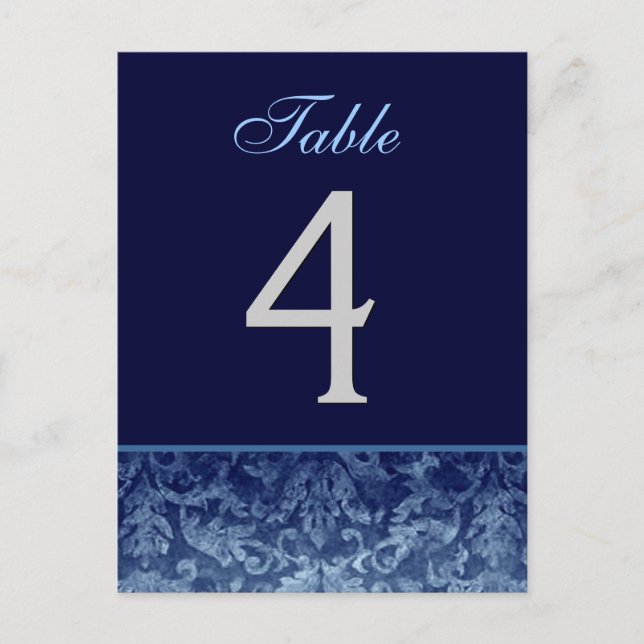 Dark Blue Grunge Damask Wedding Table Number Card (Front)