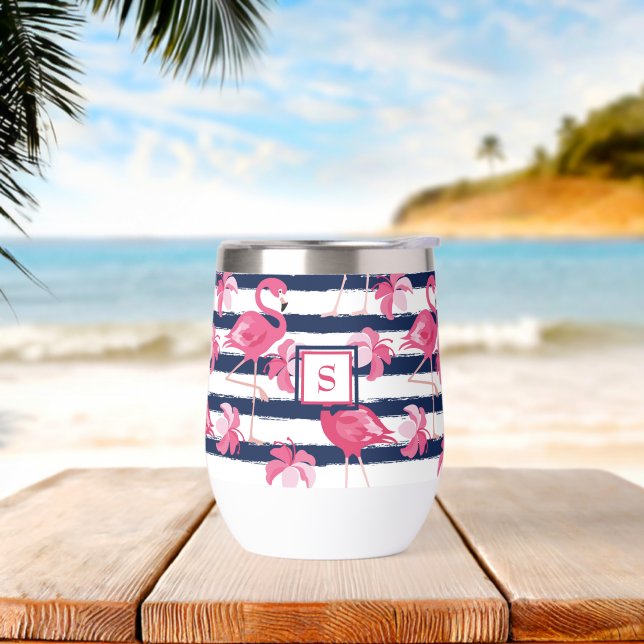 Dark Blue Grunge Stripes Pink Flamingo Monogrammed (Beach)