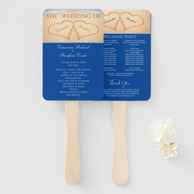  Dark Blue Heart Beach Wedding ceremony program Hand Fan (Front and Back)