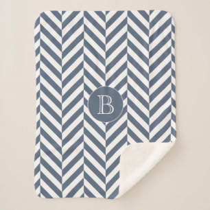 Dark Blue Herringbone Pattern Custom Monogram Sherpa Blanket