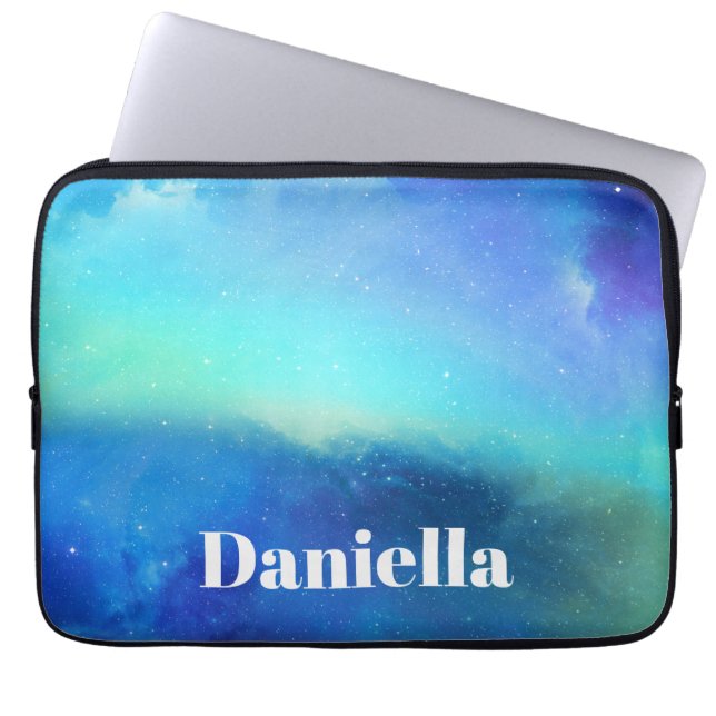 Dark Blue Holographic Sky with Custom Name Laptop Sleeve (Front)