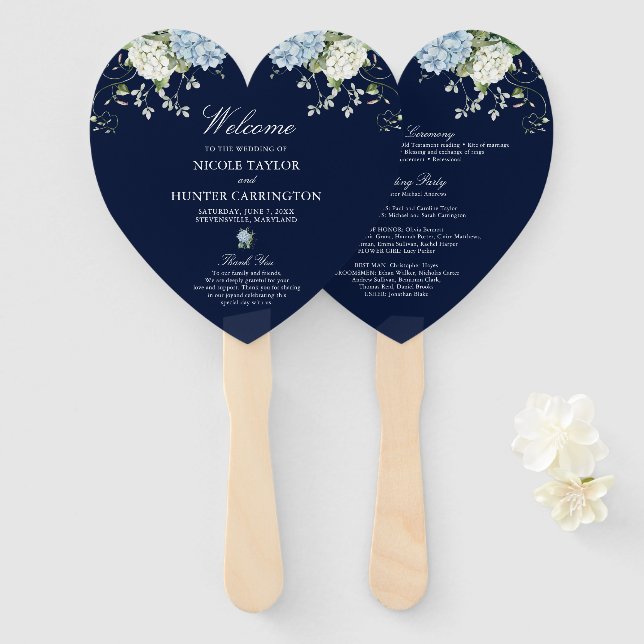 Dark Blue Hydrangea Floral Wedding Program Hand Fan (Front and Back)