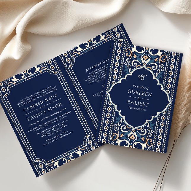 Dark Blue Ikat All in One Sikh Wedding Invitation (Creator Uploaded)