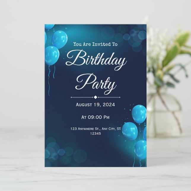 Dark Blue Illustrative Birthday Invite (Standing Front)