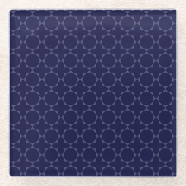Dark Blue Islamic Geometric Pattern Glass Coaster (Front)