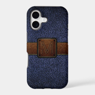 Dark blue leather look brown tag