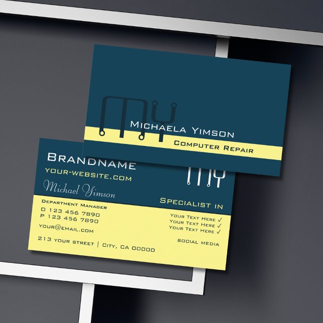 Dark Blue Light Yellow with Initials Professional Business Card (Creator Uploaded)