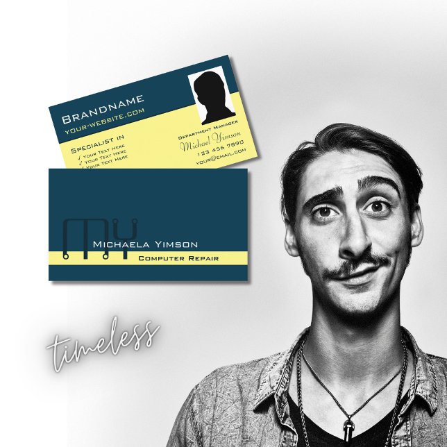 Dark Blue Light Yellow with Monogram and Photo Business Card (Creator Uploaded)