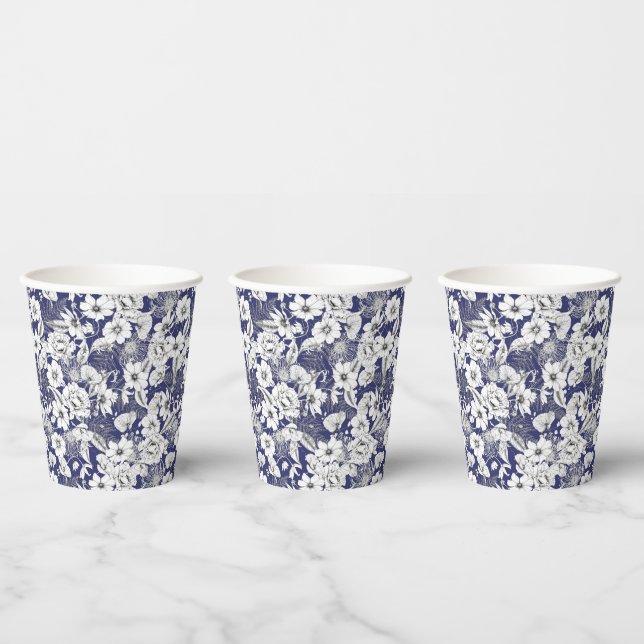 Dark blue line drawing delicate floral peony ferns paper cups (Multi)