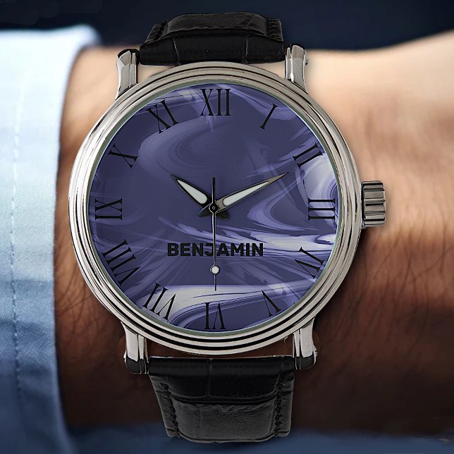 Dark Blue Marble Cool Marbled Pattern Custom Name Watch (Creator Uploaded)