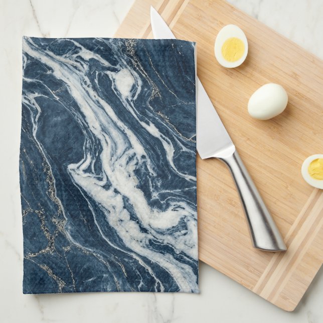 Dark Blue Marble Elegant Minimal Style Tea Towel (Quarter Fold)
