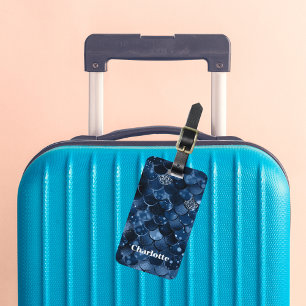 Dark blue mermaid scales name luggage tag